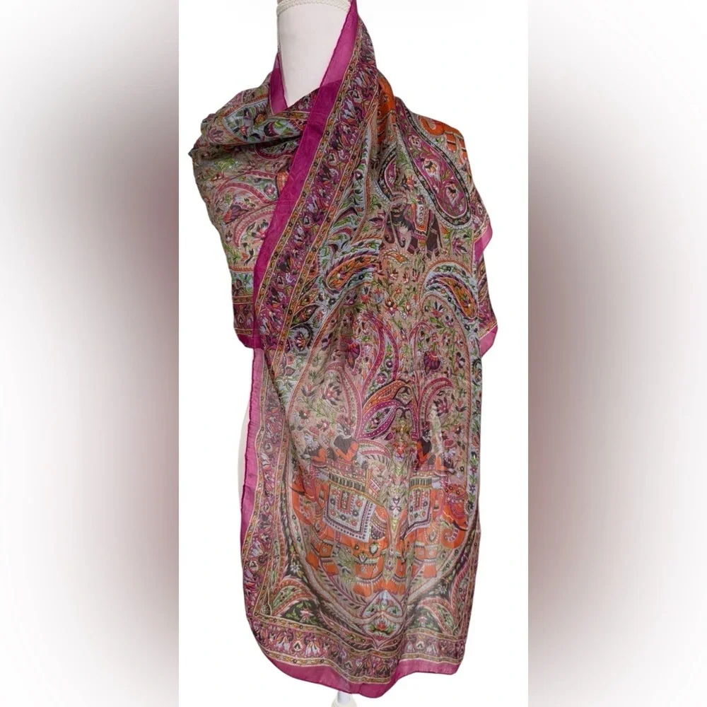 PASHTUSH 100% PURE SILK SCARF PAISLEY & ELEPHANT PRINT MULTICOLOR FUCCIA